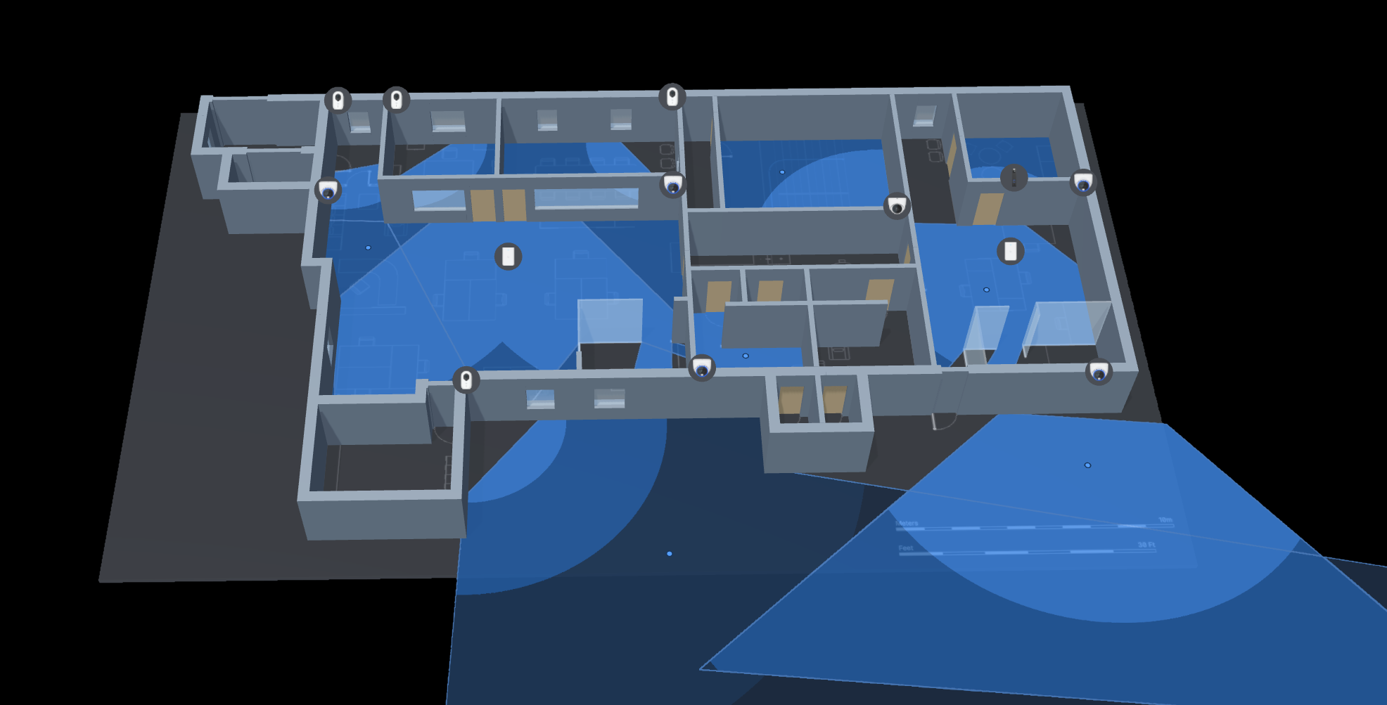 3D camera field-of-view coverage visualisation across a building