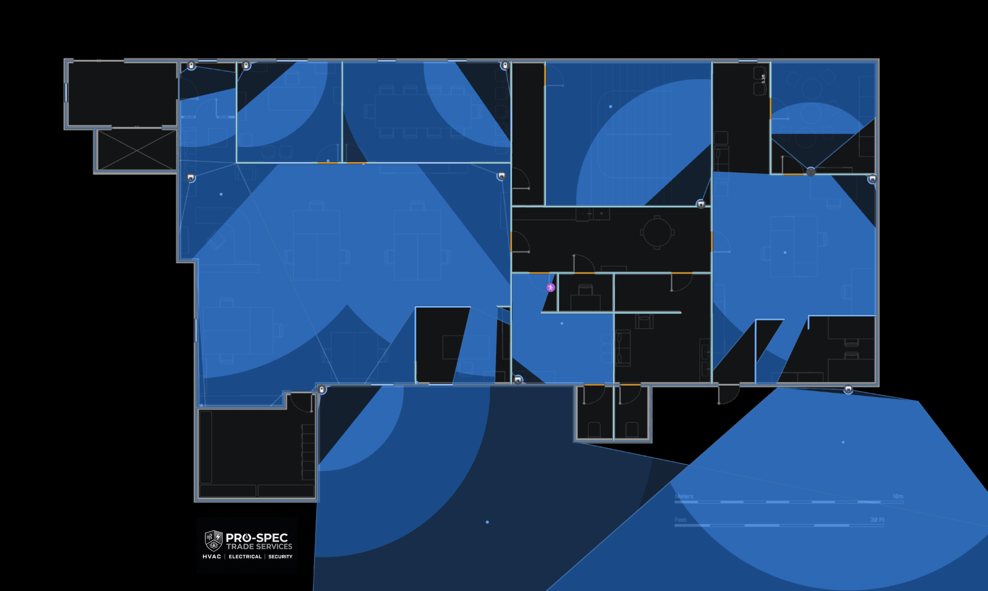 Camera field-of-view coverage model overlaid on a building floor plan