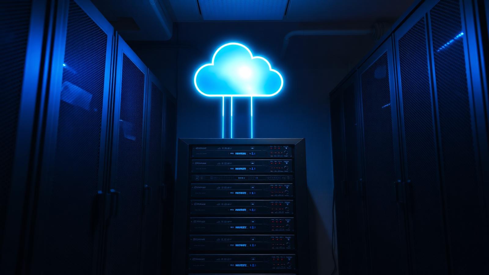 Cinematic server rack with a glowing cloud icon hologram floating above it, contrast between local NVR hardware and cloud connection