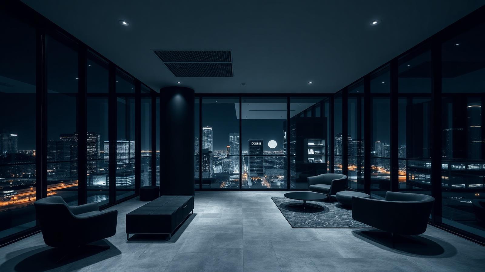 Cinematic night view of a premium modern Perth CBD office fit-out with floor-to-ceiling windows over the city