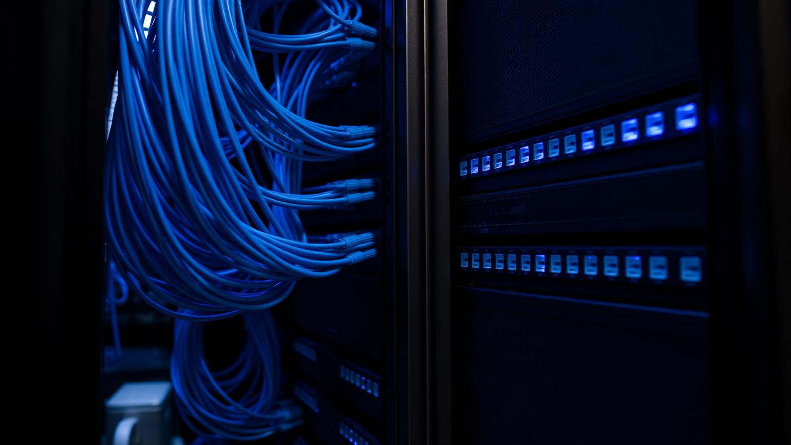 Close-up of an immaculate server rack with neatly bundled blue Cat6 cables and glowing UniFi switches