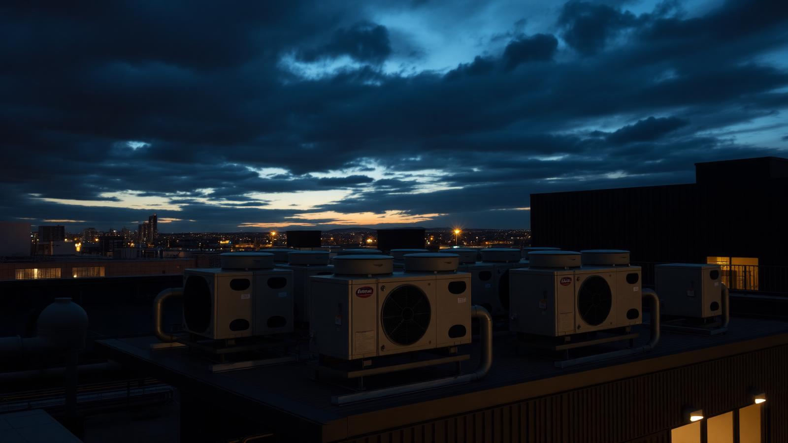 Cinematic twilight rooftop view of a premium retail building in Fremantle with multiple modern HVAC condenser units