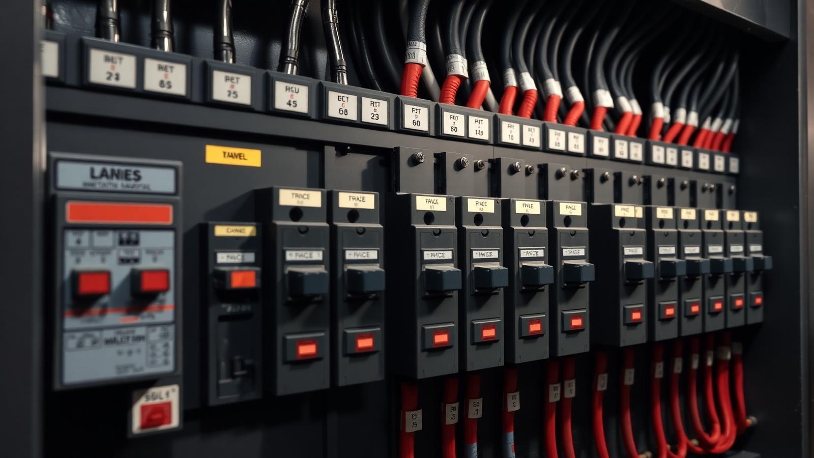 Close-up of a brand new commercial three-phase electrical switchboard with neat copper busbars and organised circuit breakers