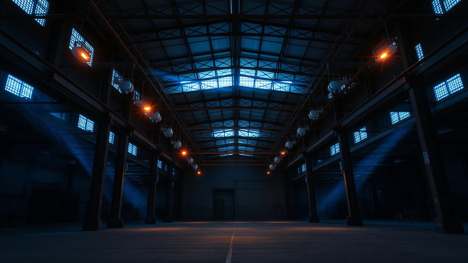 Cinematic view of a modern warehouse interior with UniFi Protect dome cameras mounted on steel beams under cool blue lighting