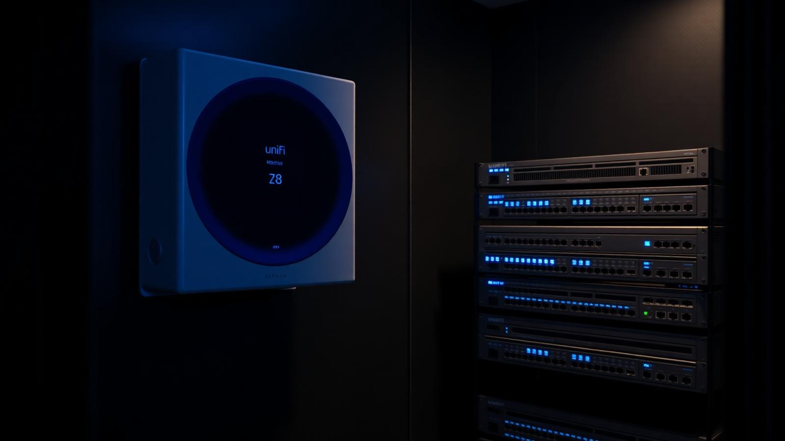 Close-up of a wall-mounted UniFi Dream Machine and stack of UniFi switches glowing softly in a sleek equipment closet