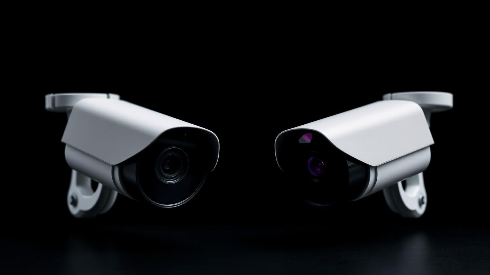 Editorial photograph comparing two CCTV cameras side by side on a dark charcoal backdrop