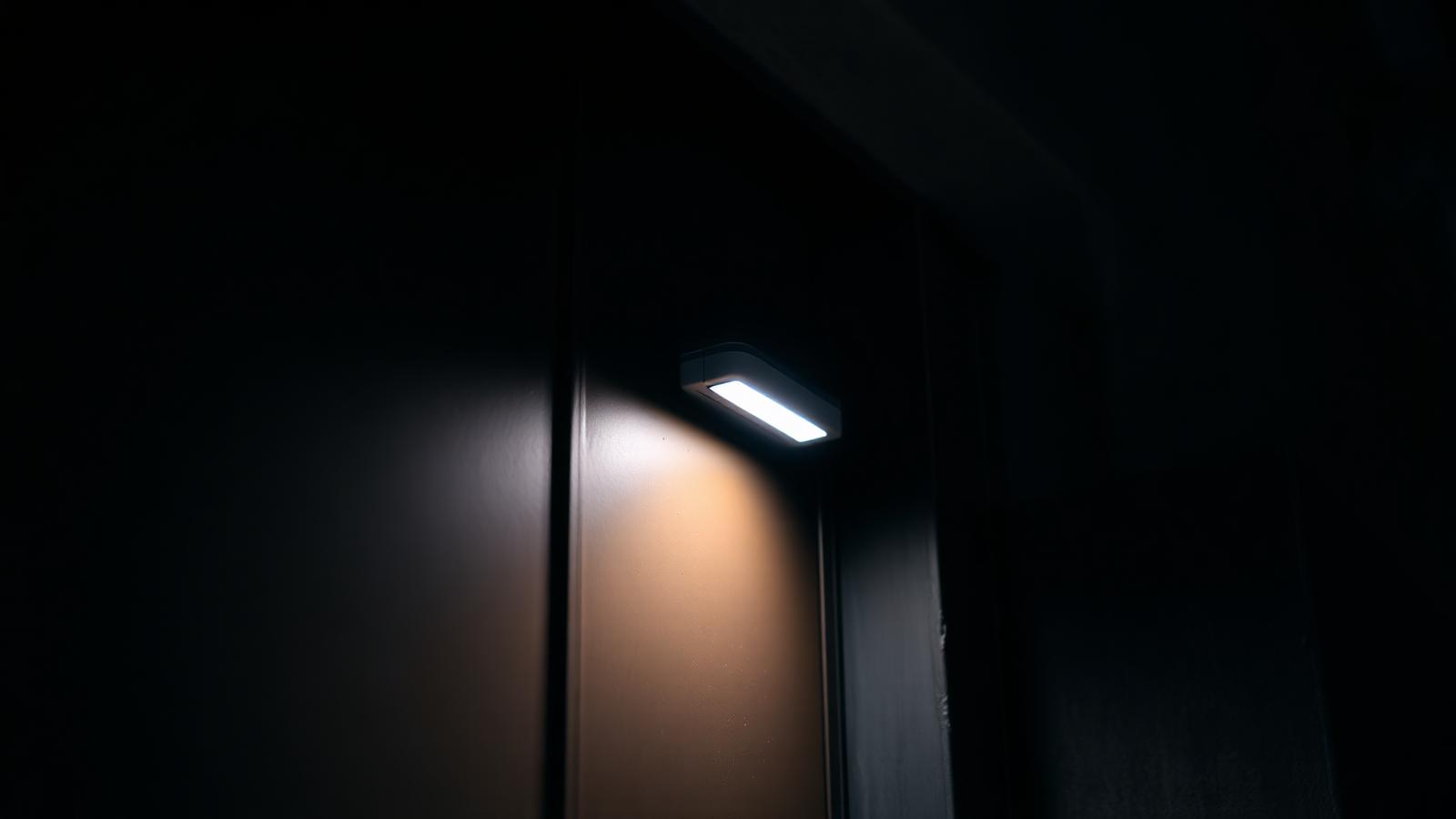 Close-up of a sleek UniFi Access door reader glowing softly on a dark industrial warehouse door