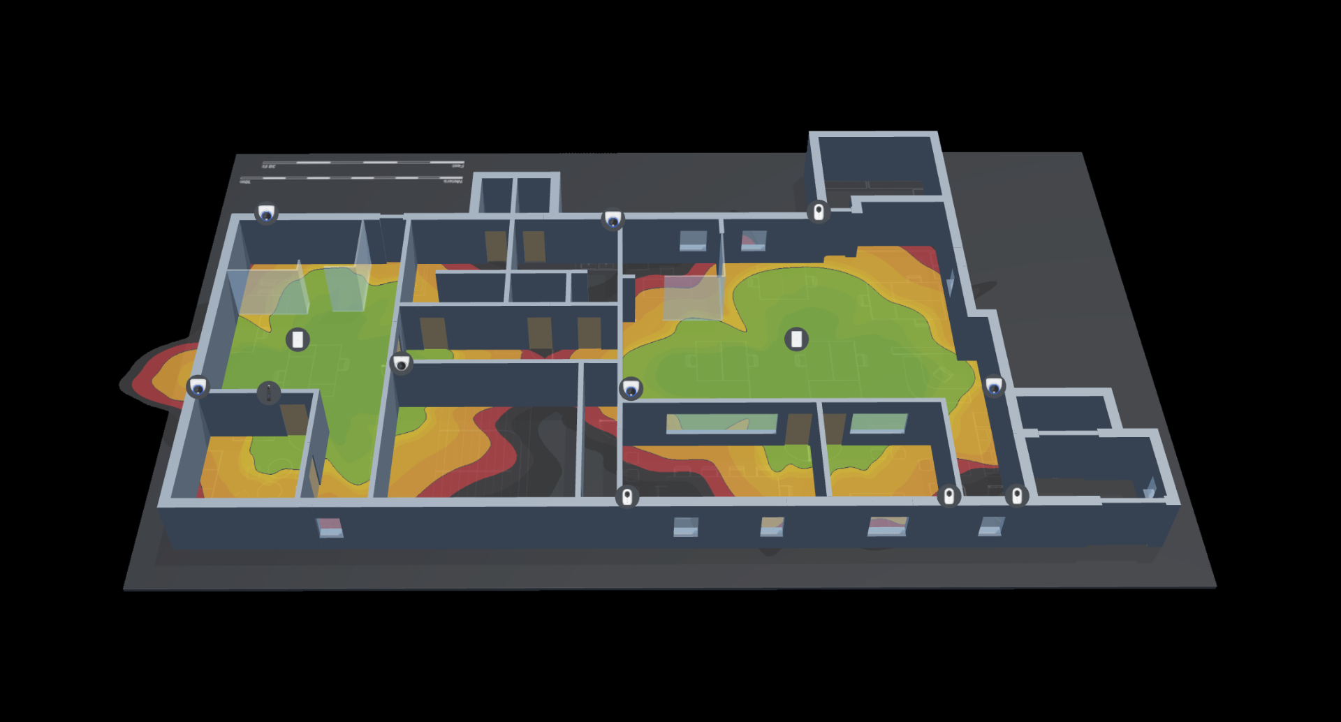 3D WiFi heatmap coverage model overlaid on a building
