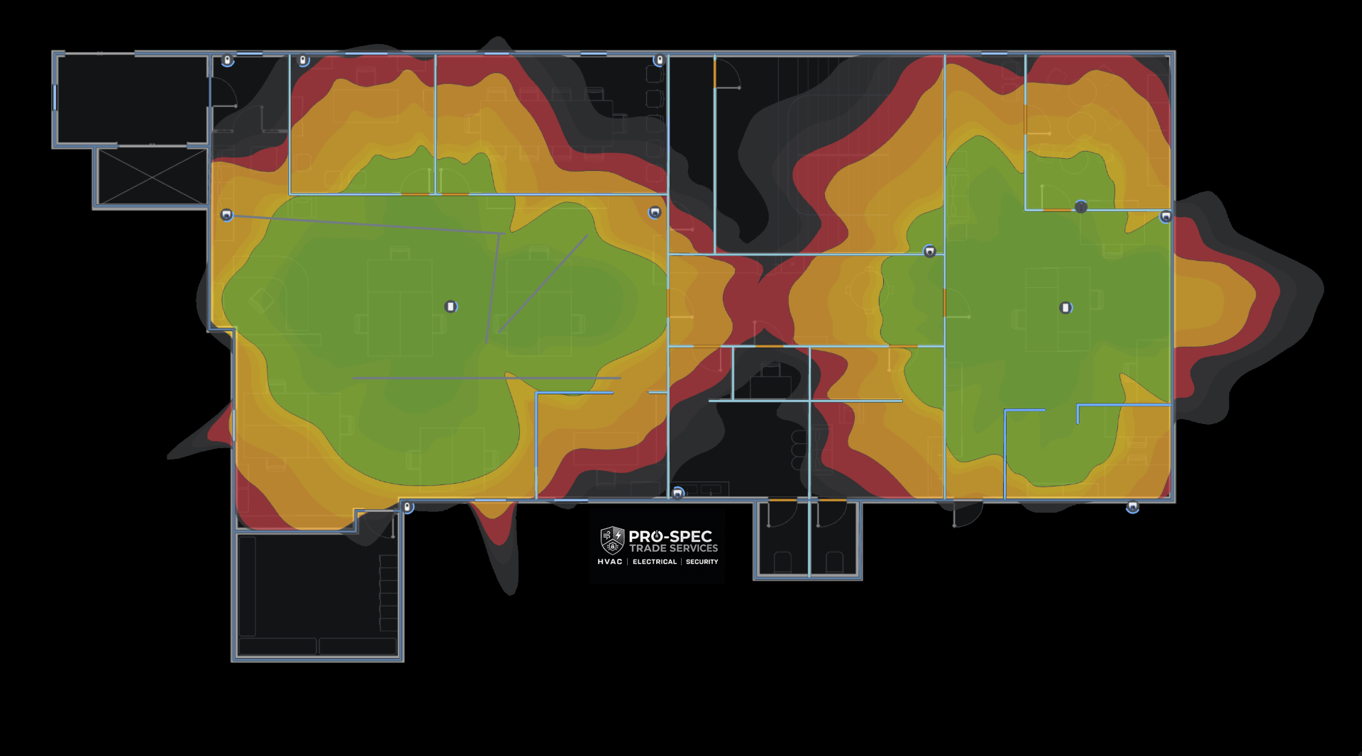 WiFi heatmap coverage model showing signal strength across a floor plan